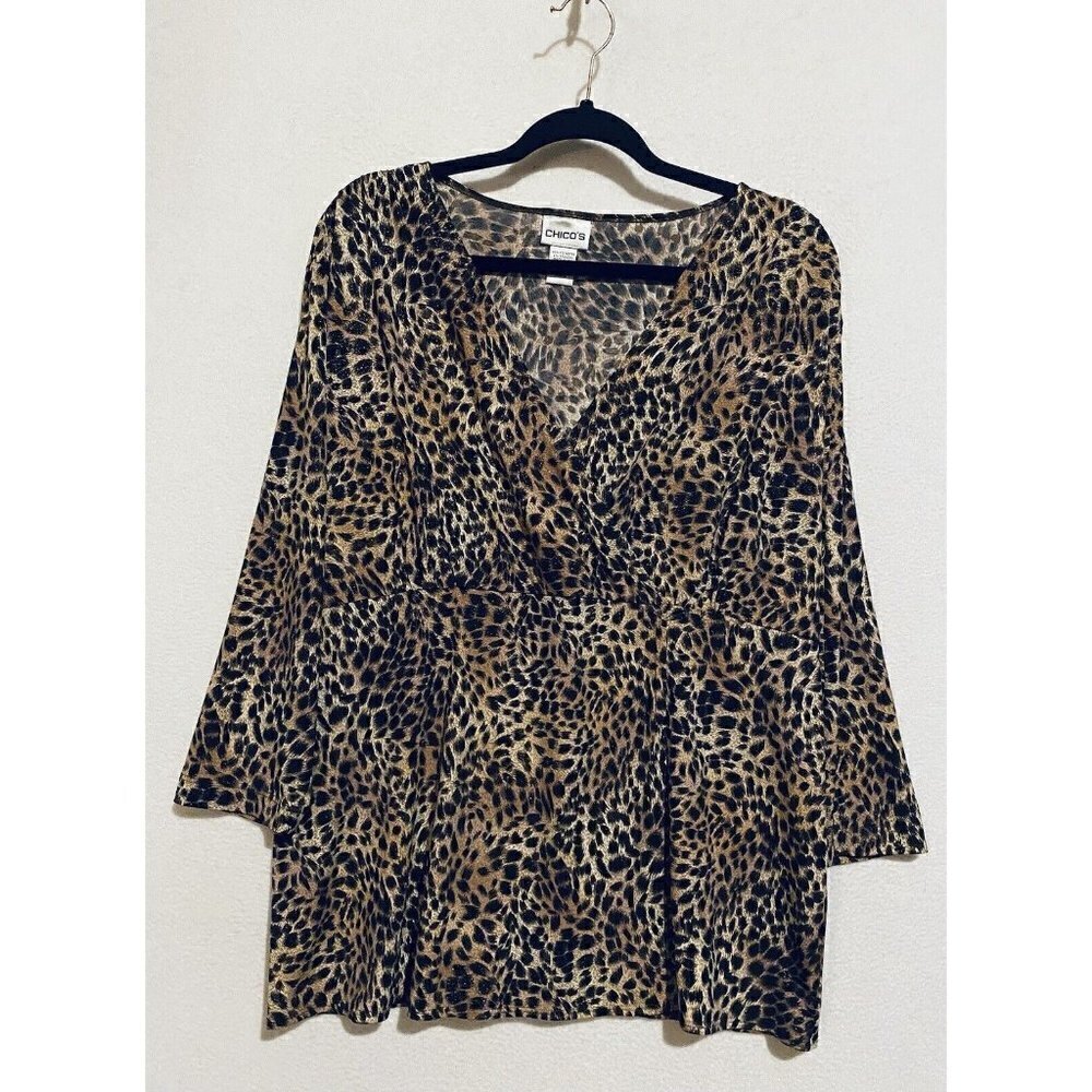 Chicos Top Womens XL Glitter Animal Print Faux Wrap V Neck Stretchy Boho